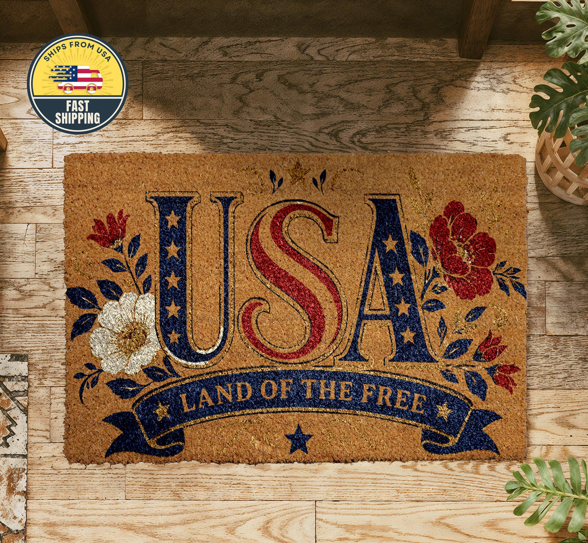 Patriotic USA Doormat, Land of the Free Welcome Mat, Red White Blue Floral Porch Decor
