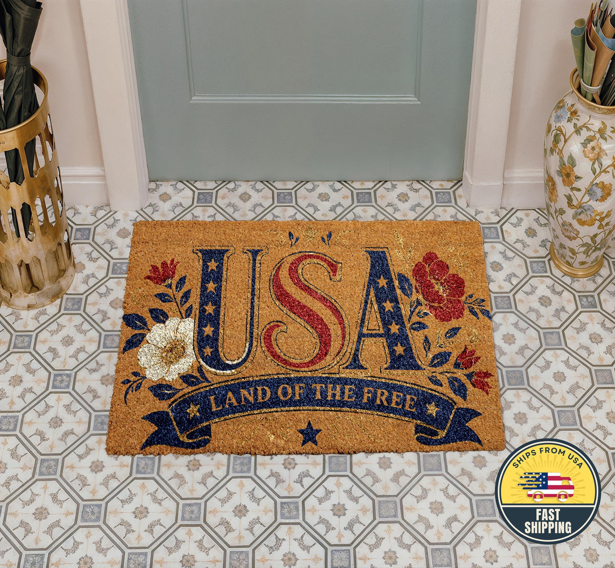 Patriotic USA Doormat, Land of the Free Welcome Mat, Red White Blue Floral Porch Decor