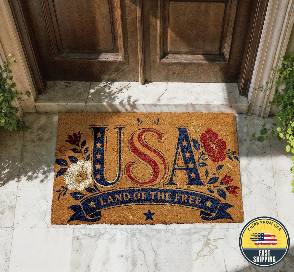Patriotic USA Doormat, Land of the Free Welcome Mat, Red White Blue Floral Porch Decor