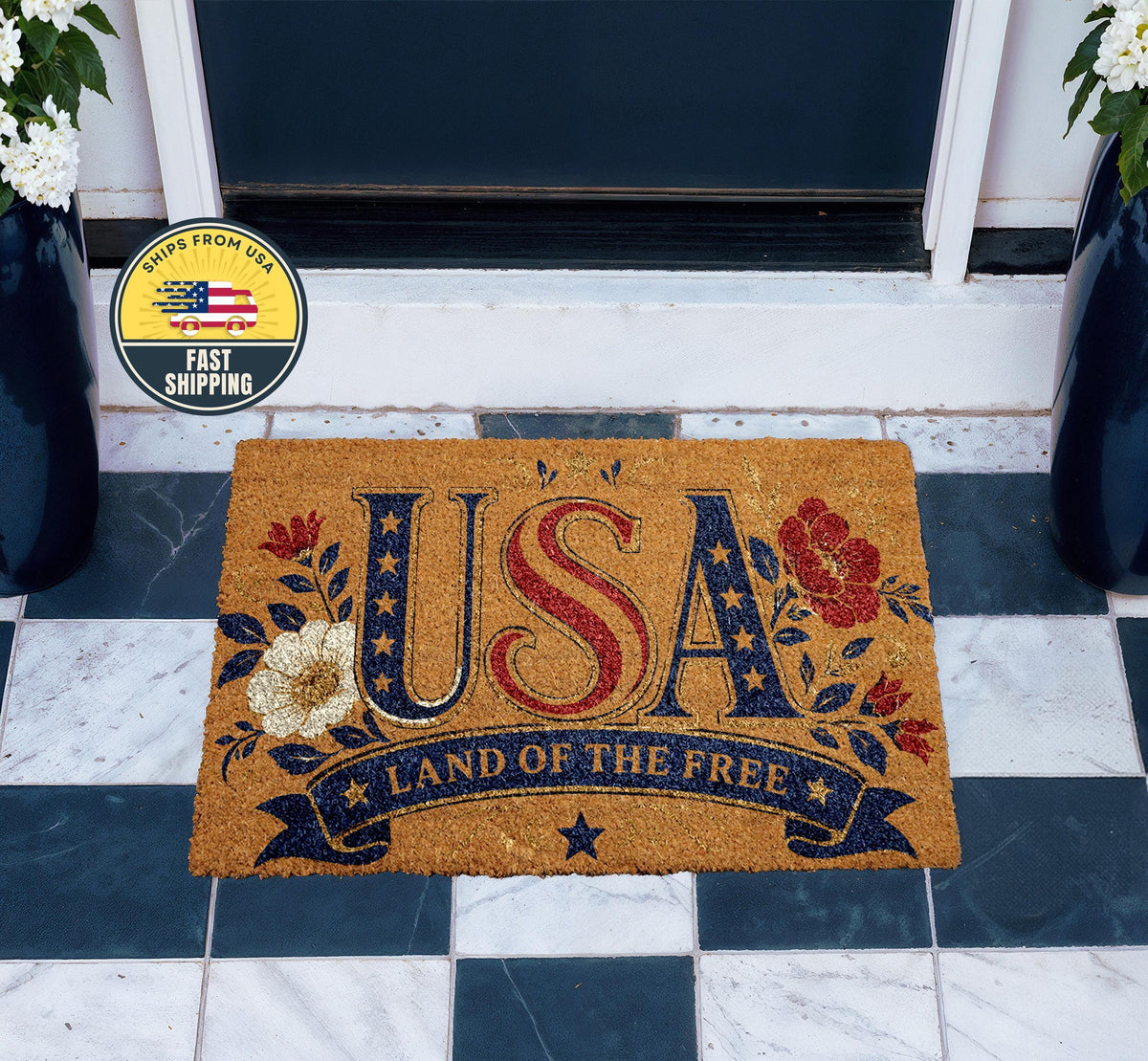 Patriotic USA Doormat, Land of the Free Welcome Mat, Red White Blue Floral Porch Decor