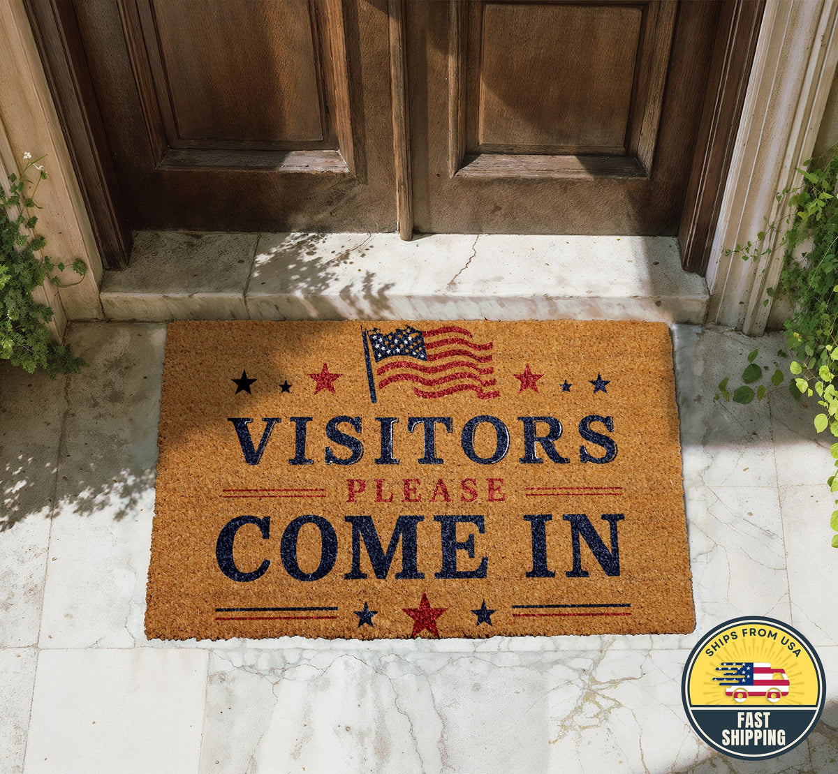 Visitors Please Come In Welcome Mat, Patriotic Doormat with American Flag