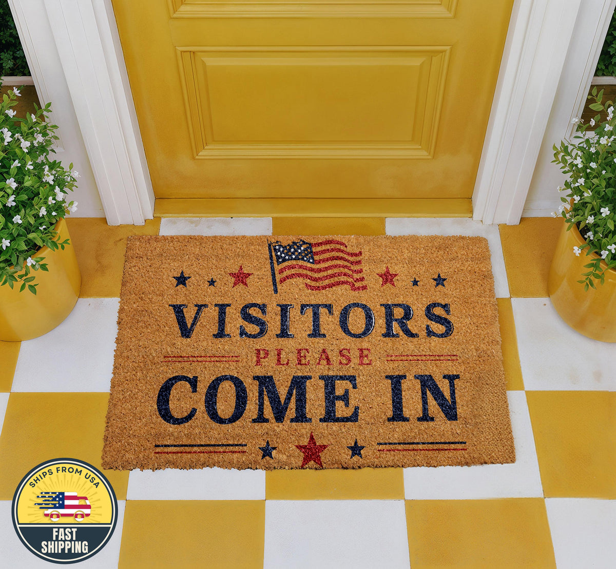 Visitors Please Come In Welcome Mat, Patriotic Doormat with American Flag