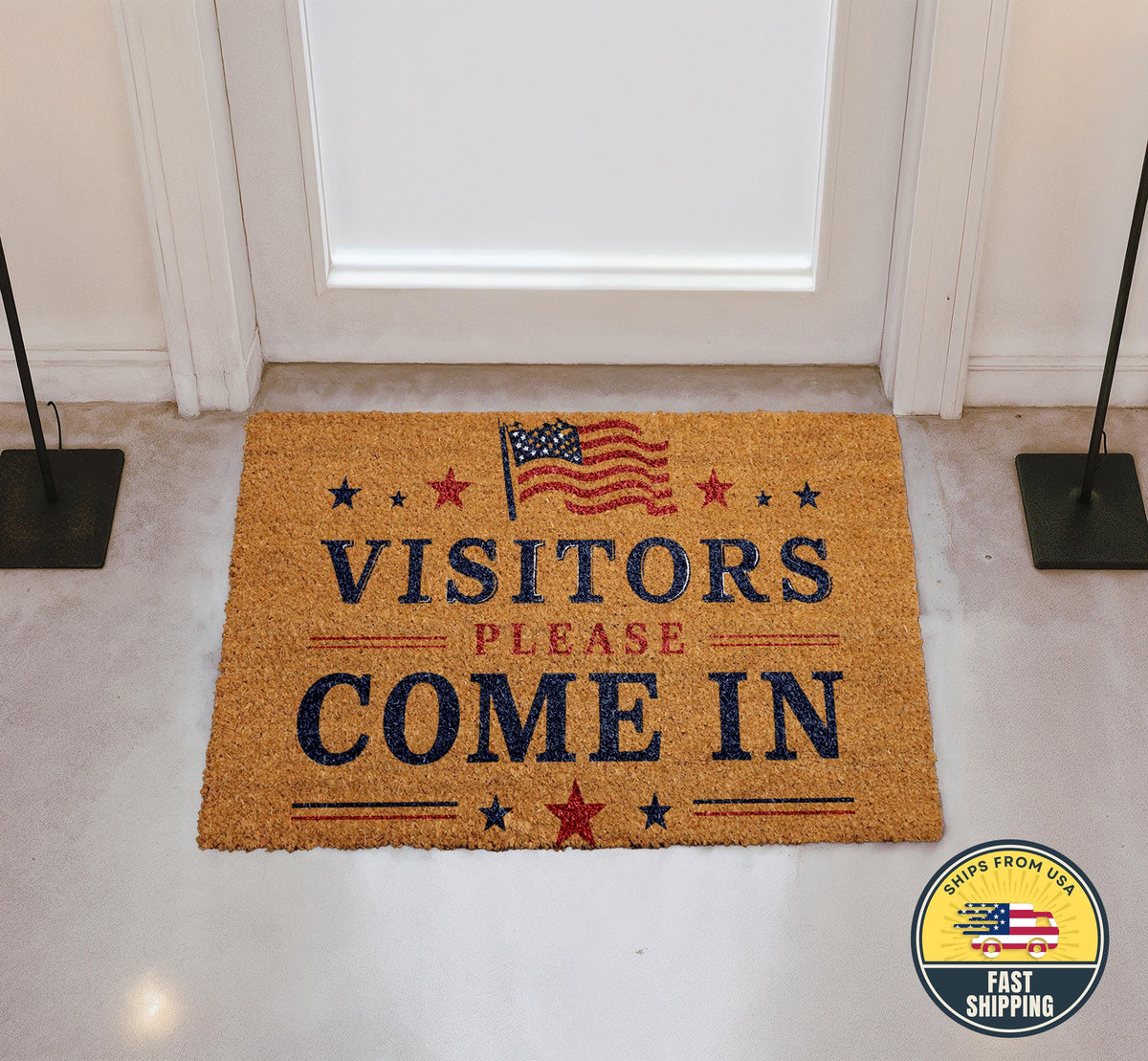 Visitors Please Come In Welcome Mat, Patriotic Doormat with American Flag