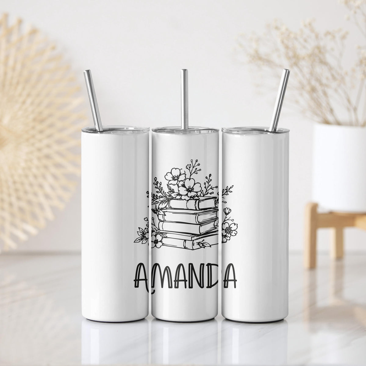 Personalized Line Art Books & Flowers Tumbler With Straw, Custom Name Book Lover Coffee Cup