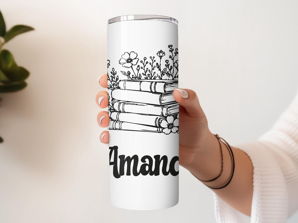 Personalized Line Art Books & Flowers Tumbler With Straw, Custom Name Book Lover Coffee Cup