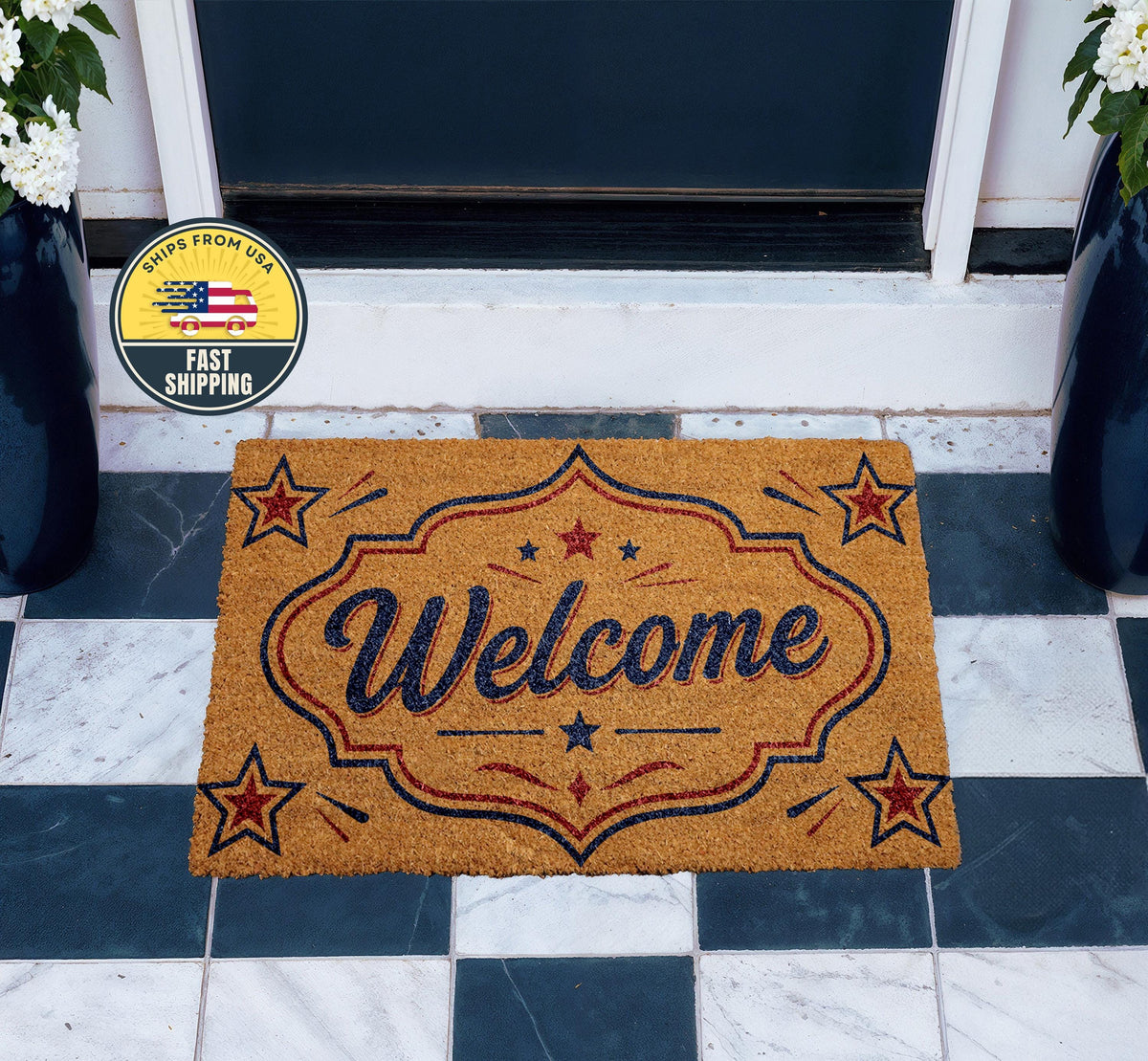 Patriotic Welcome Doormat, USA Front Door Mat, Red White Blue Stars Welcome Rug