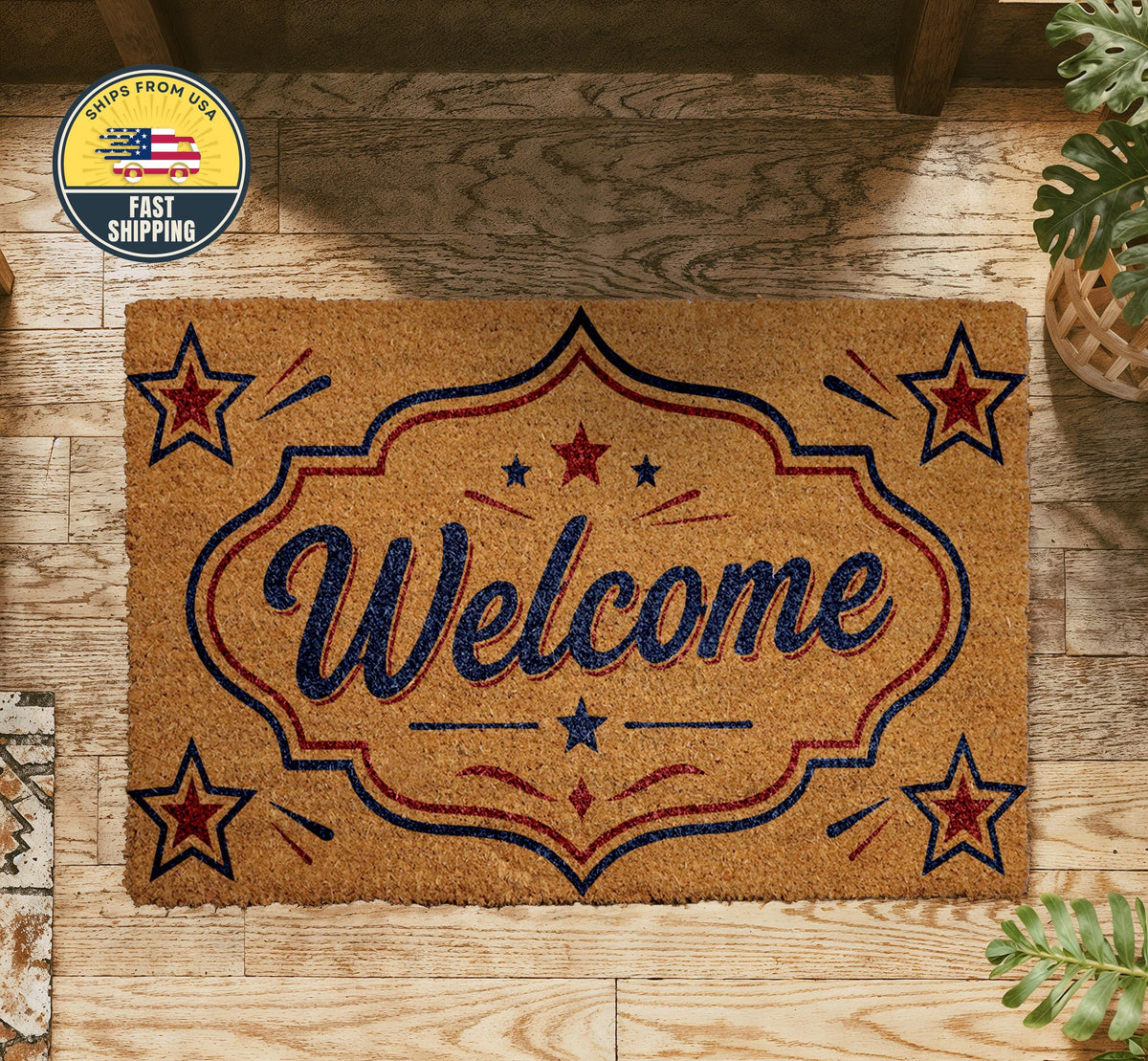 Patriotic Welcome Doormat, USA Front Door Mat, Red White Blue Stars Welcome Rug