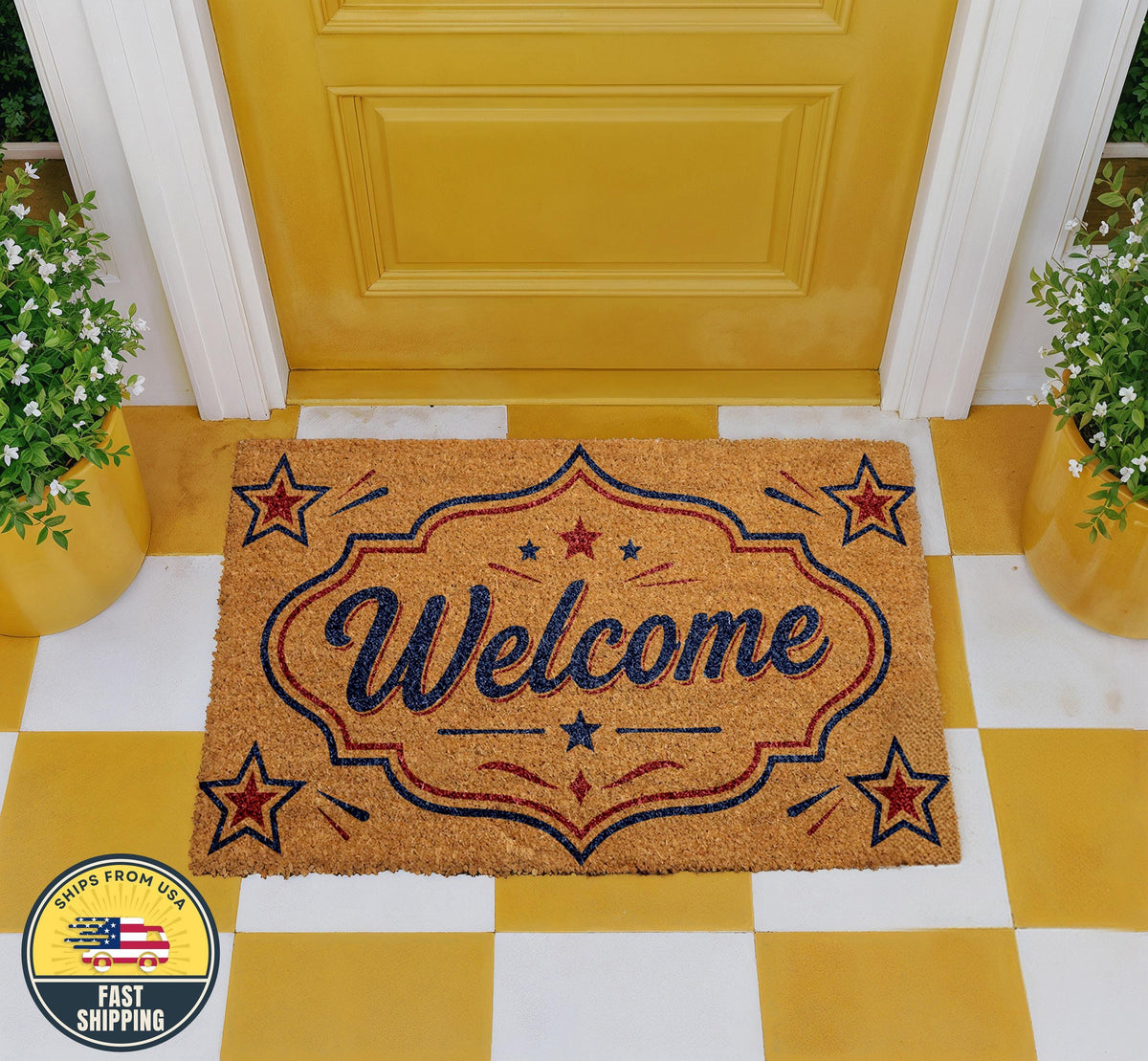 Patriotic Welcome Doormat, USA Front Door Mat, Red White Blue Stars Welcome Rug