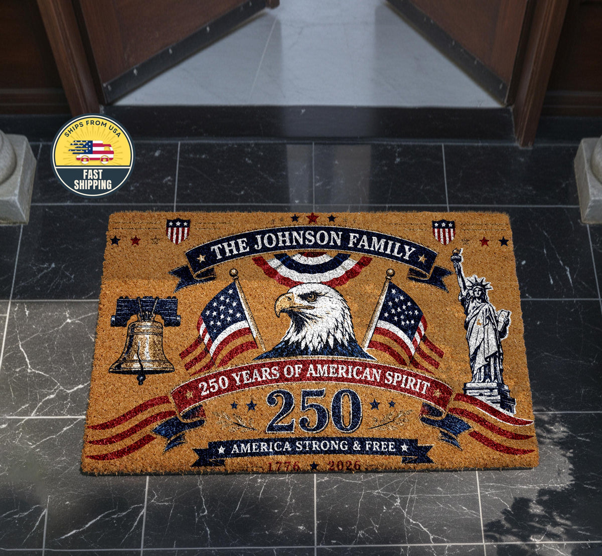 Custom Family Patriotic Doormat, America 250 Years of American Spirit Welcome Mat
