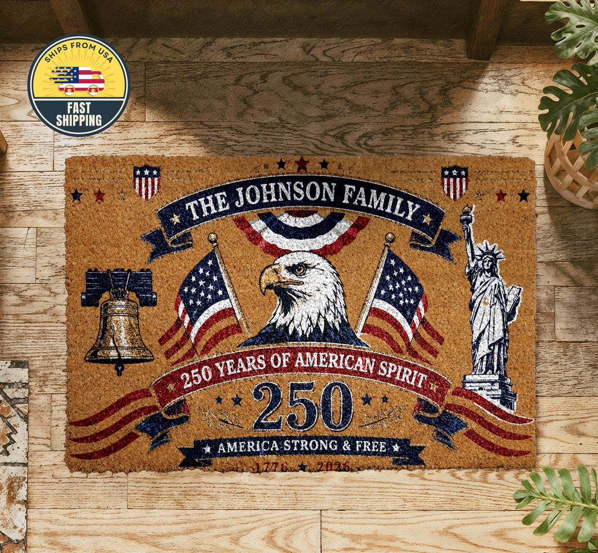 Custom Family Patriotic Doormat, America 250 Years of American Spirit Welcome Mat