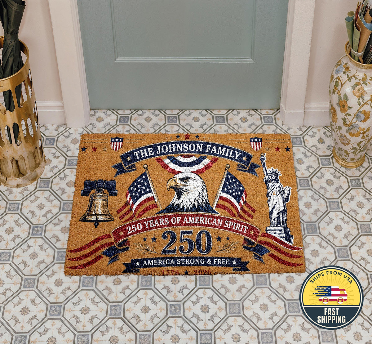 Custom Family Patriotic Doormat, America 250 Years of American Spirit Welcome Mat