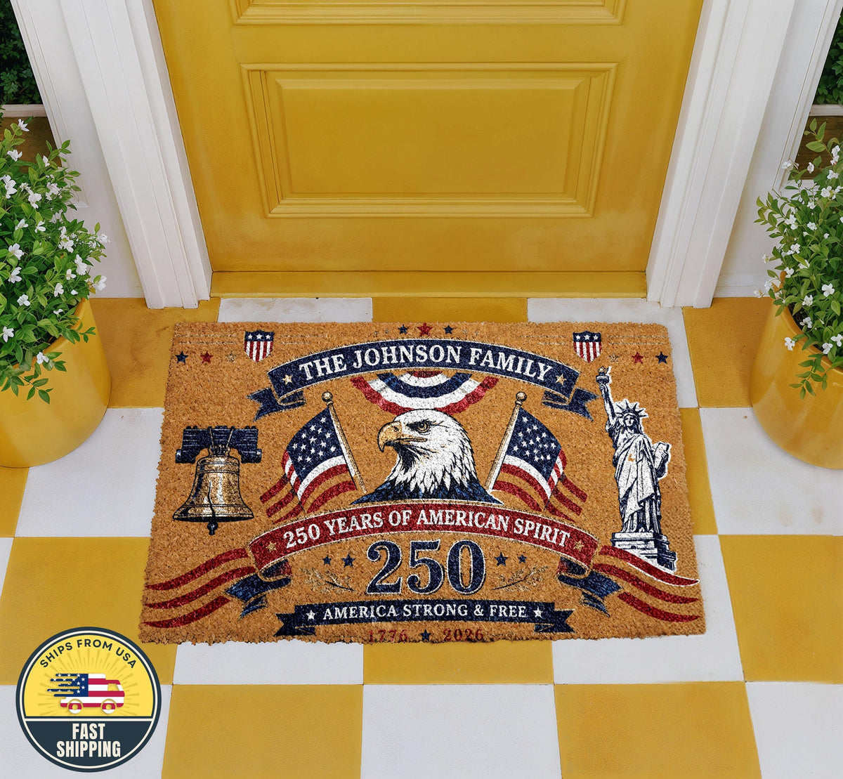 Custom Family Patriotic Doormat, America 250 Years of American Spirit Welcome Mat