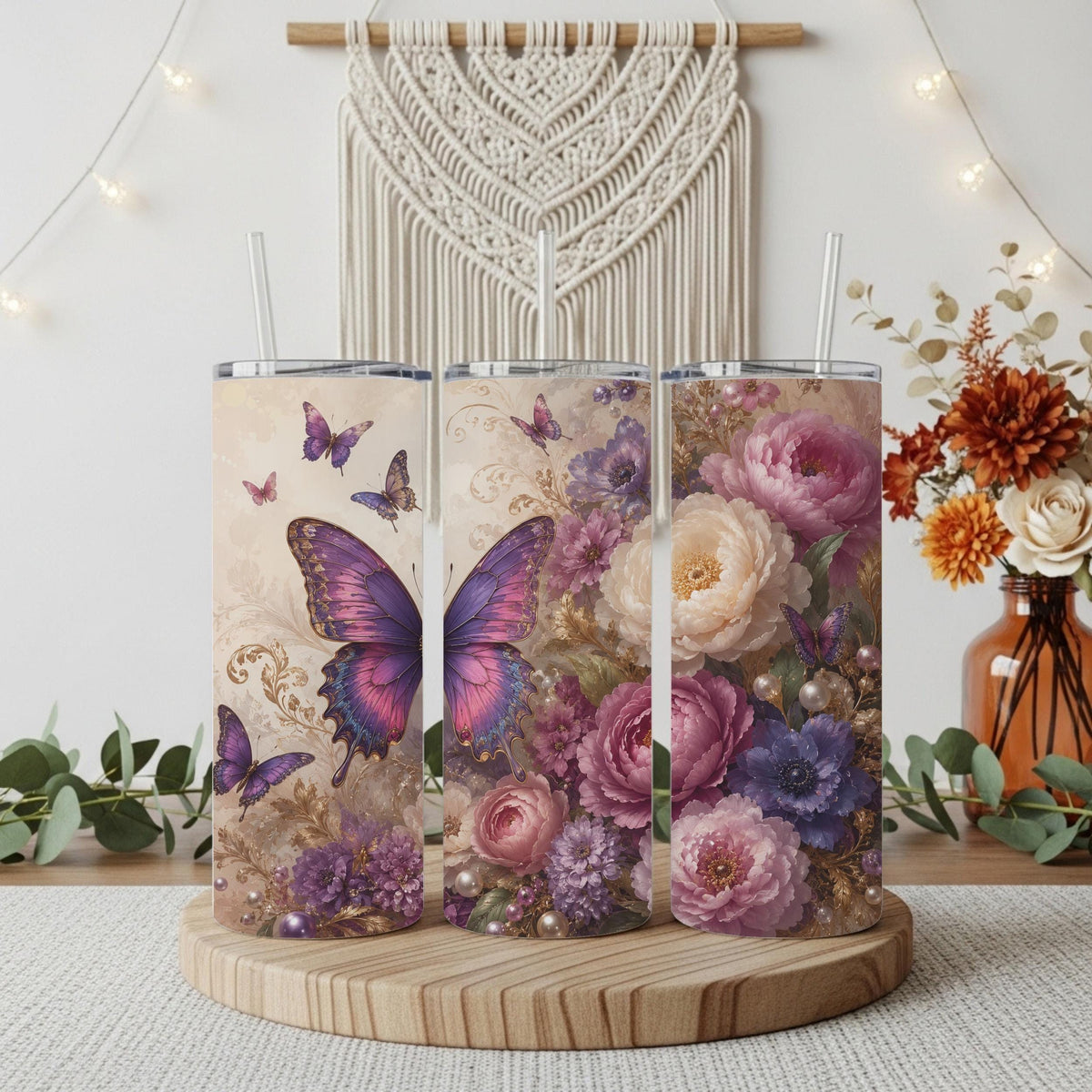 Aesthetic Floral Butterflies and Roses Insulated Travel Cup Tumbler
