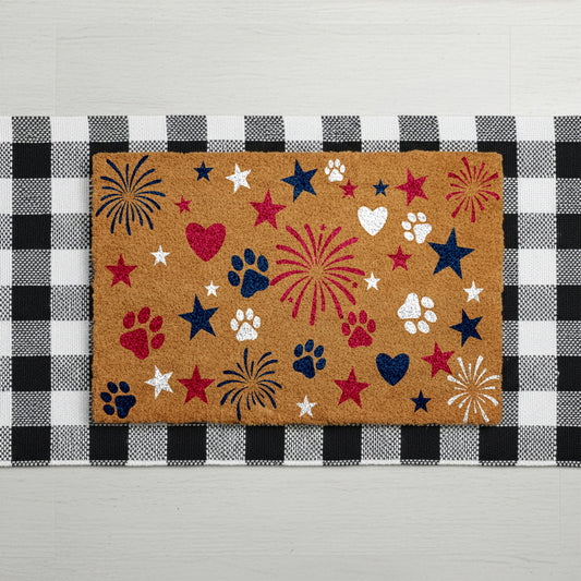 4th of July Paw Prints Doormat, Patriotic Pet Owner Welcome Mat, Independence Day Home Entrance Decor, American Dog Lovers Front Porch Rug