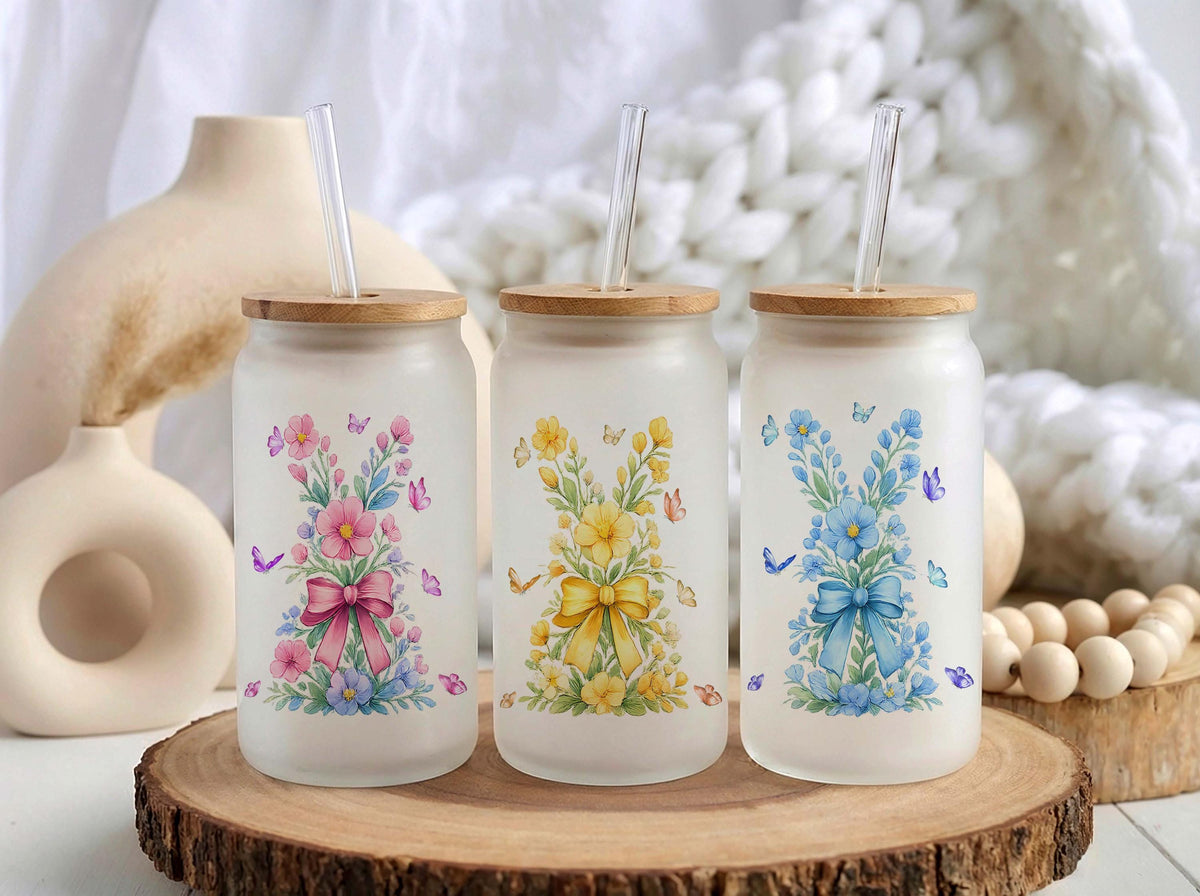 Personalized Easter Bunny Can Glass, Custom Name Iced Coffee Cup, Spring Bunny Glass Tumbler