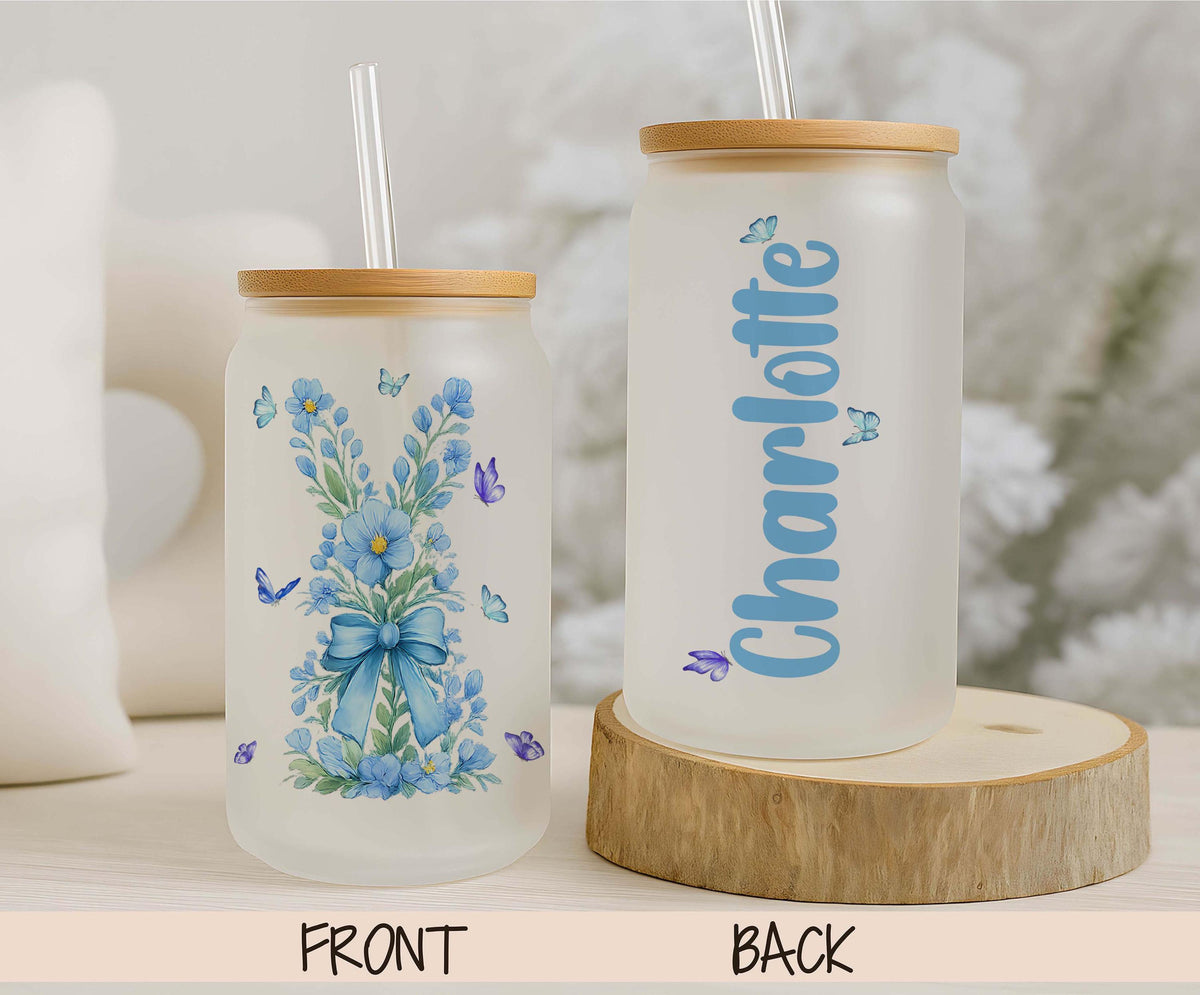 Personalized Easter Bunny Can Glass, Custom Name Iced Coffee Cup, Spring Bunny Glass Tumbler