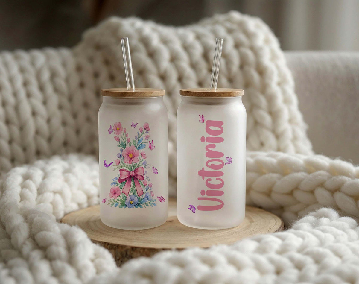 Personalized Easter Bunny Can Glass, Custom Name Iced Coffee Cup, Spring Bunny Glass Tumbler