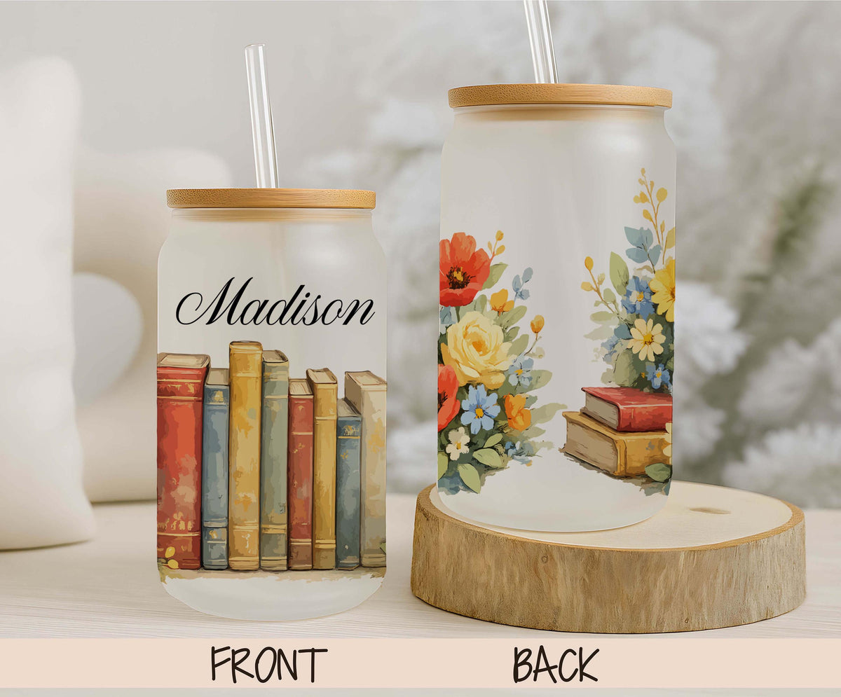 Personalized Frosted Glass Tumbler, Book Lover Floral Iced Coffee Cup