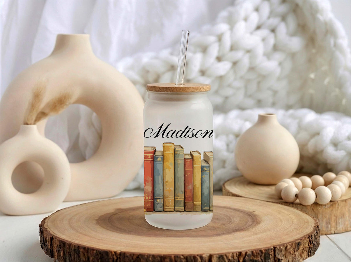 Personalized Frosted Glass Tumbler, Book Lover Floral Iced Coffee Cup