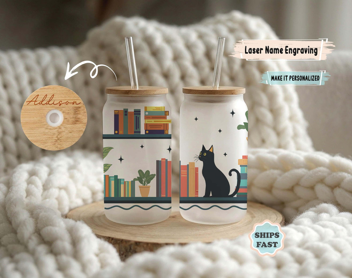Personalized Bookish Cat Can Glass, Iced Coffee Tumbler, Book Lover Gift