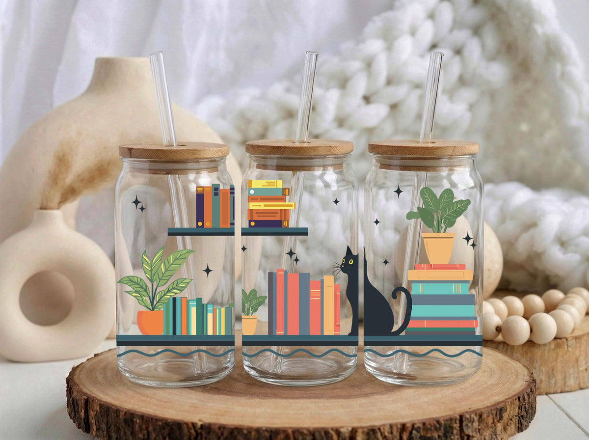 Personalized Bookish Cat Can Glass, Iced Coffee Tumbler, Book Lover Gift
