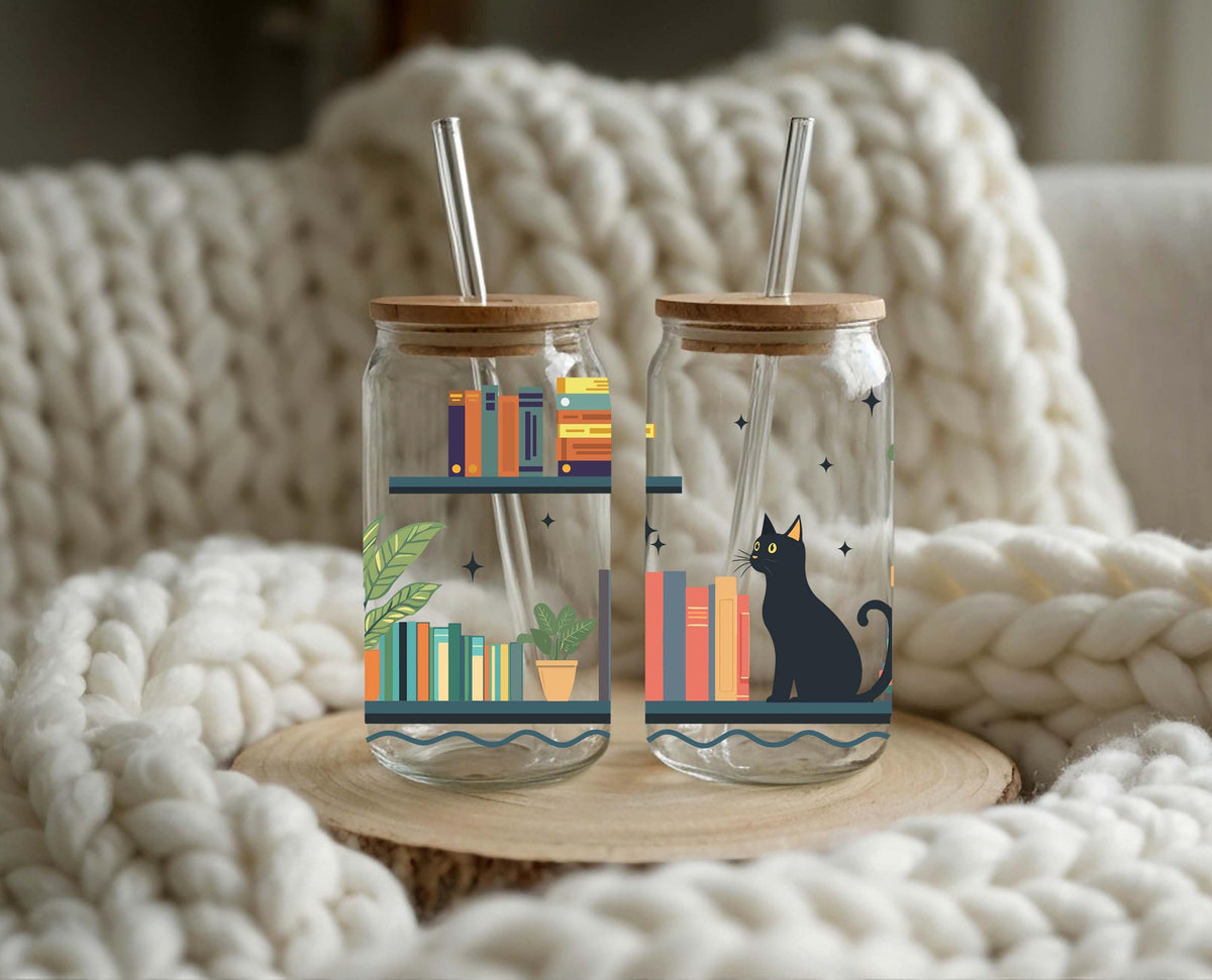 Personalized Bookish Cat Can Glass, Iced Coffee Tumbler, Book Lover Gift