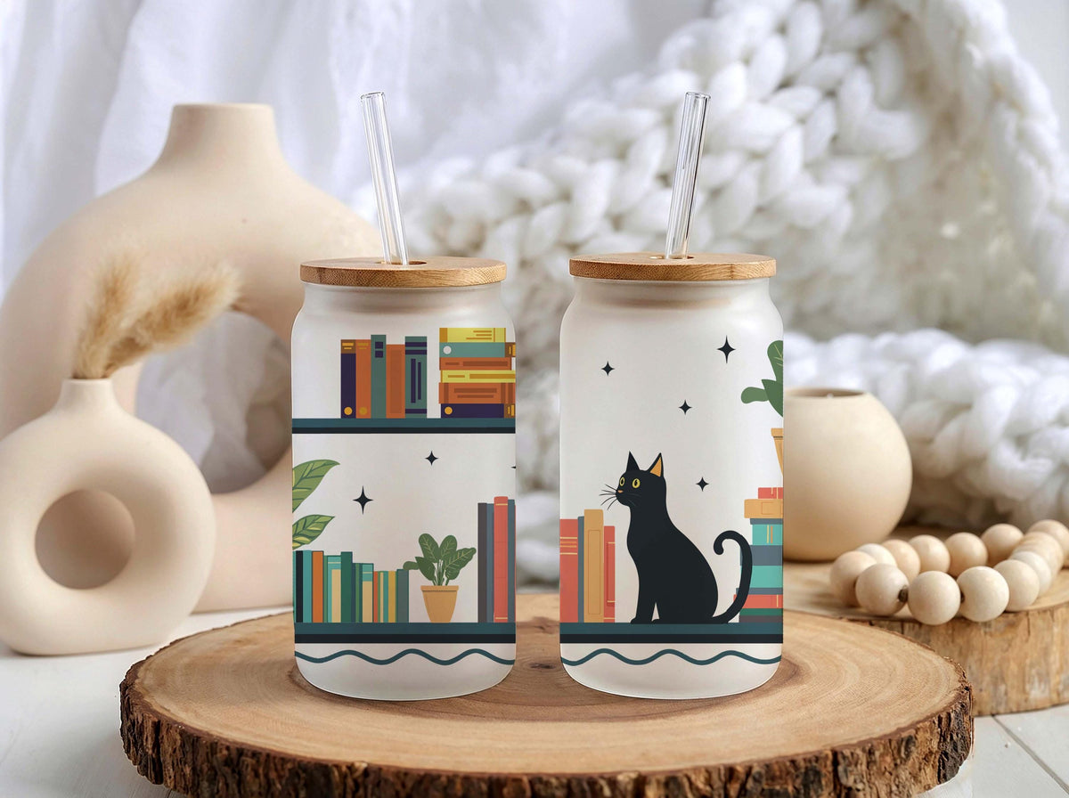 Personalized Bookish Cat Can Glass, Iced Coffee Tumbler, Book Lover Gift