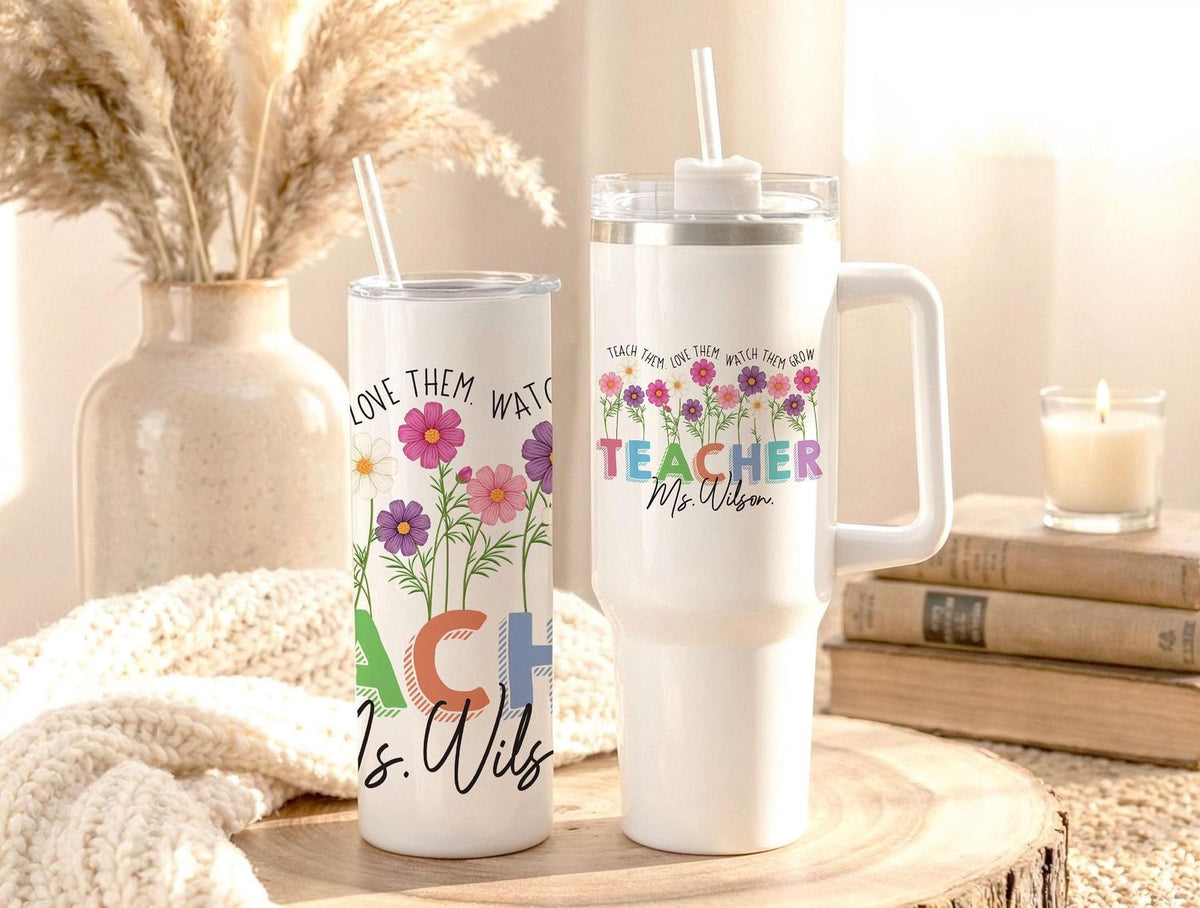 Custom Name Teacher Tumbler, Wildflower Teacher Cup, Teacher Appreciation Gift