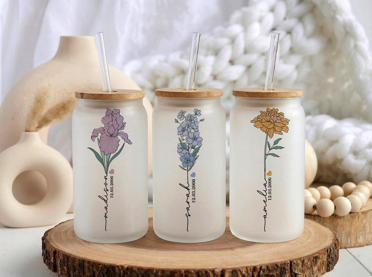 Custom Birth Flower Frosted Glass Tumbler, Personalized Name Floral Cup with Bamboo Lid