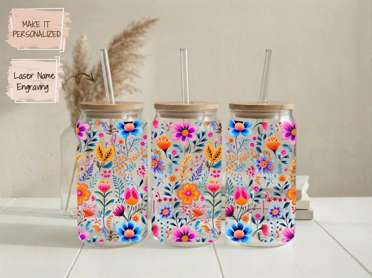 Personalized Flower Glass Tumbler, Custom Iced Coffee Cup, Nature Lovers Eco Friendly Cup Gift