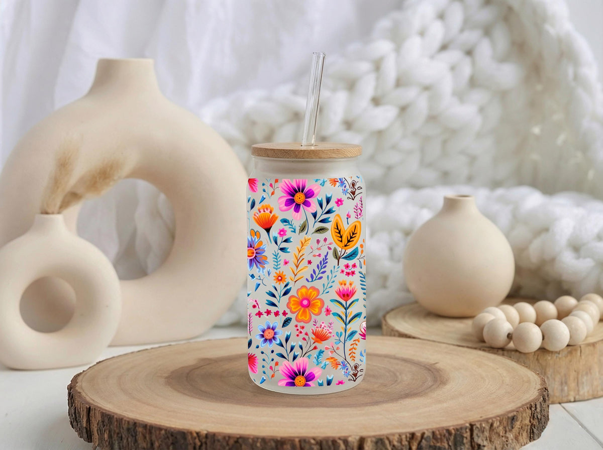 Personalized Flower Glass Tumbler, Custom Iced Coffee Cup, Nature Lovers Eco Friendly Cup Gift