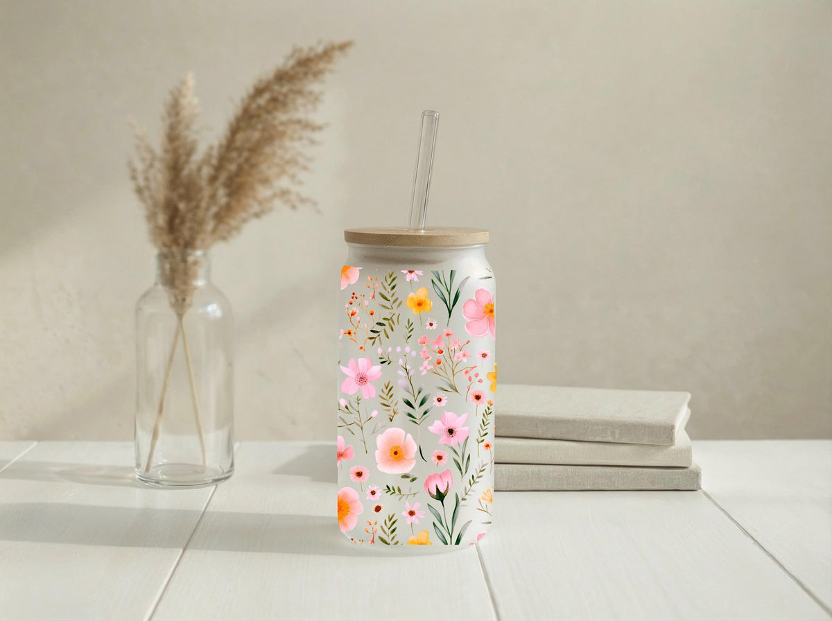 Personalized Flower Glass Tumbler, Custom Iced Coffee Cup, Nature Lovers Eco Friendly Cup Gift