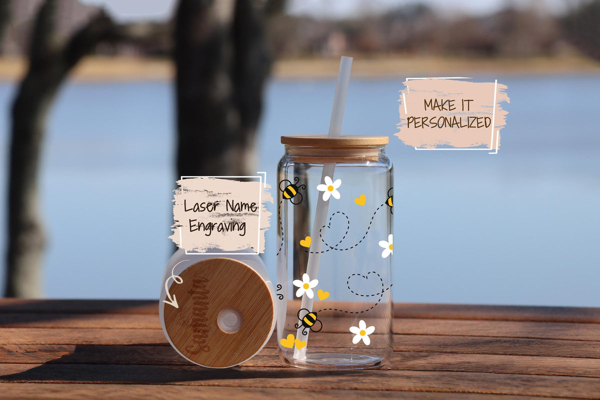 Personalized Honey Bee Glass Tumbler, Custom Name Bumble Bee Iced Coffee Cup (16oz)