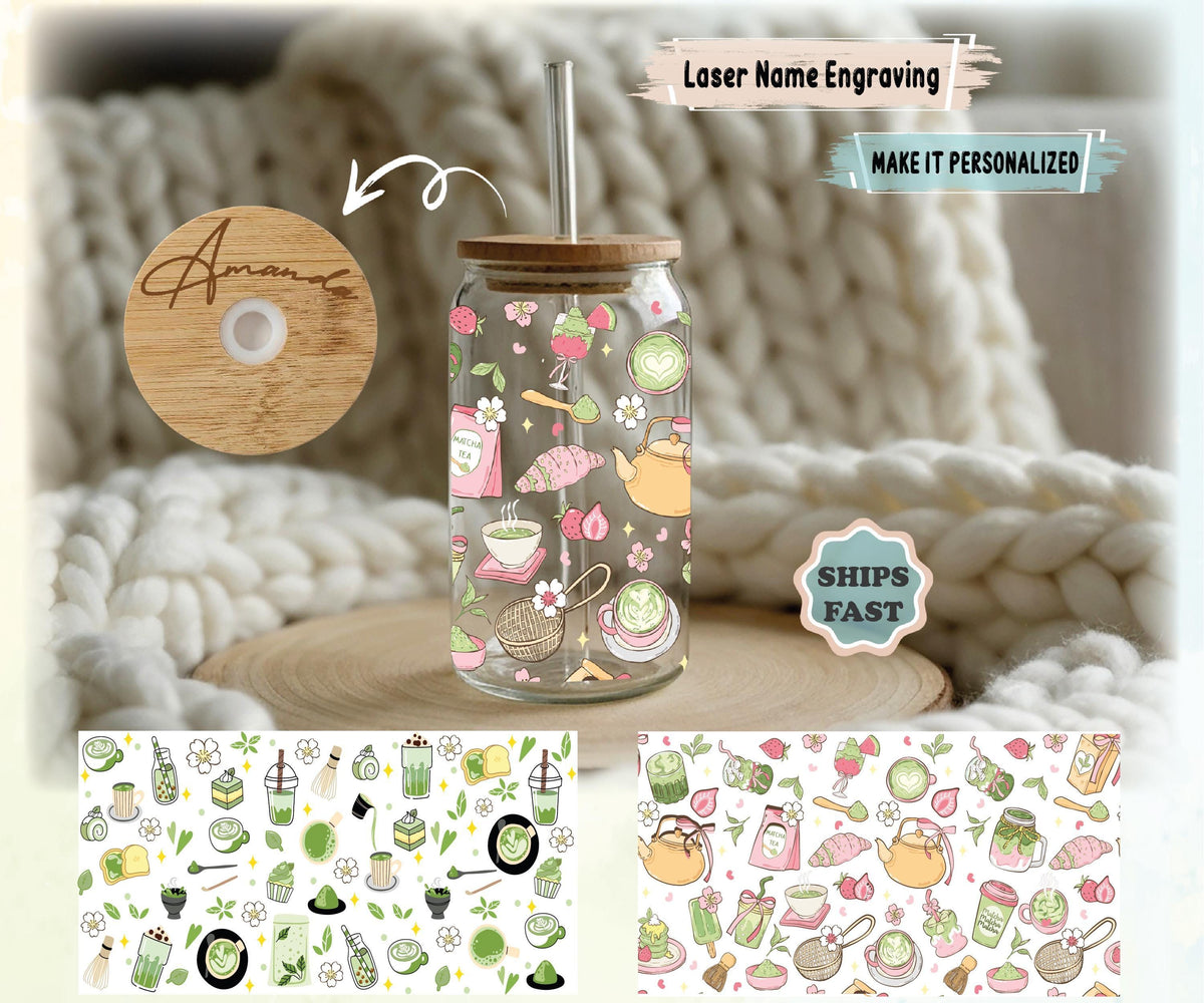 Custom Matcha Glass Tumbler, Personalized Green Tea Can Glass