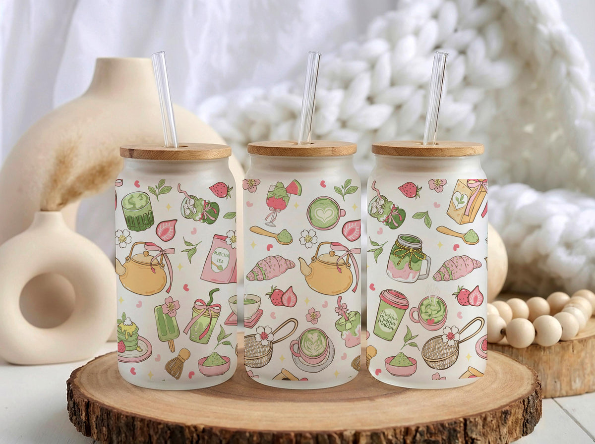 Custom Matcha Glass Tumbler, Personalized Green Tea Can Glass