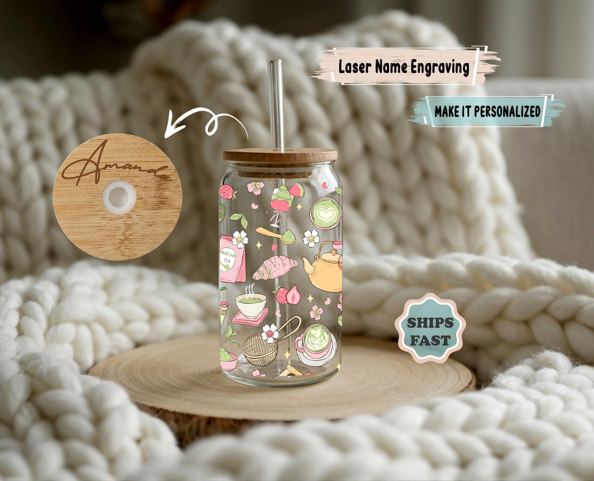 Custom Matcha Glass Tumbler, Personalized Green Tea Can Glass
