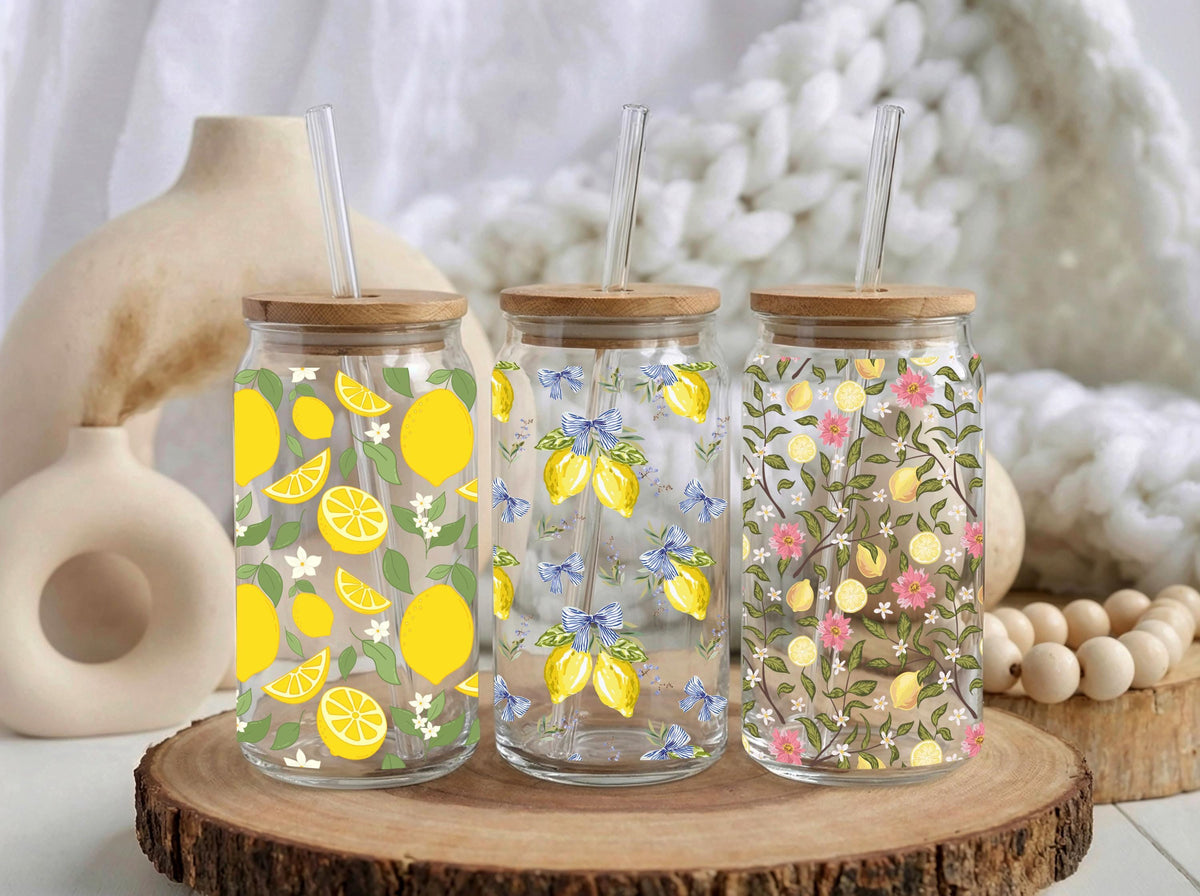 Personalized Lemon Iced Coffee Glass, 16oz Summer Can Cup with Bamboo Lid (Frosted)