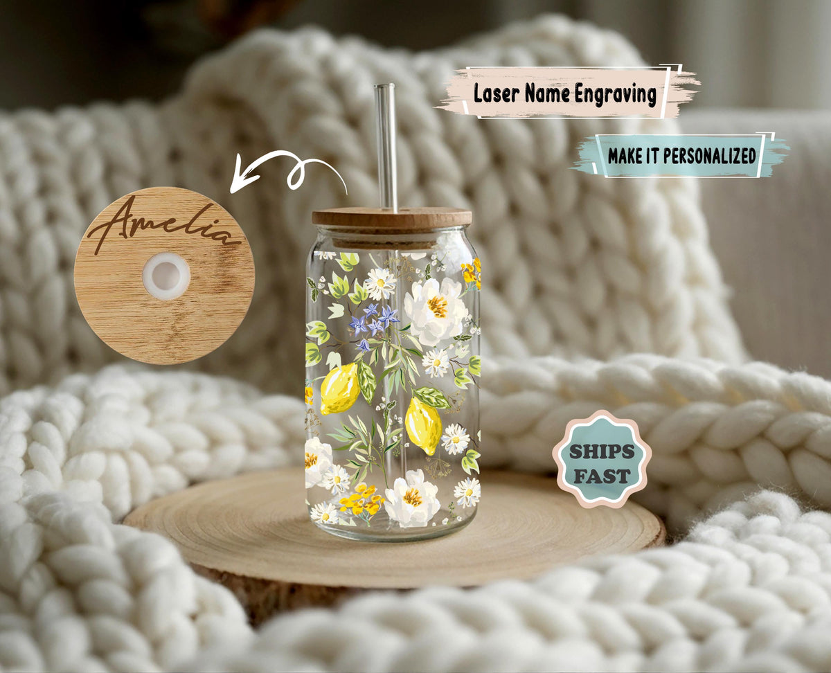 Personalized Lemon Iced Coffee Glass, 16oz Summer Can Cup with Bamboo Lid (Frosted)
