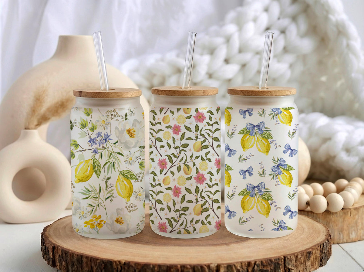 Personalized Lemon Iced Coffee Glass, 16oz Summer Can Cup with Bamboo Lid (Frosted)