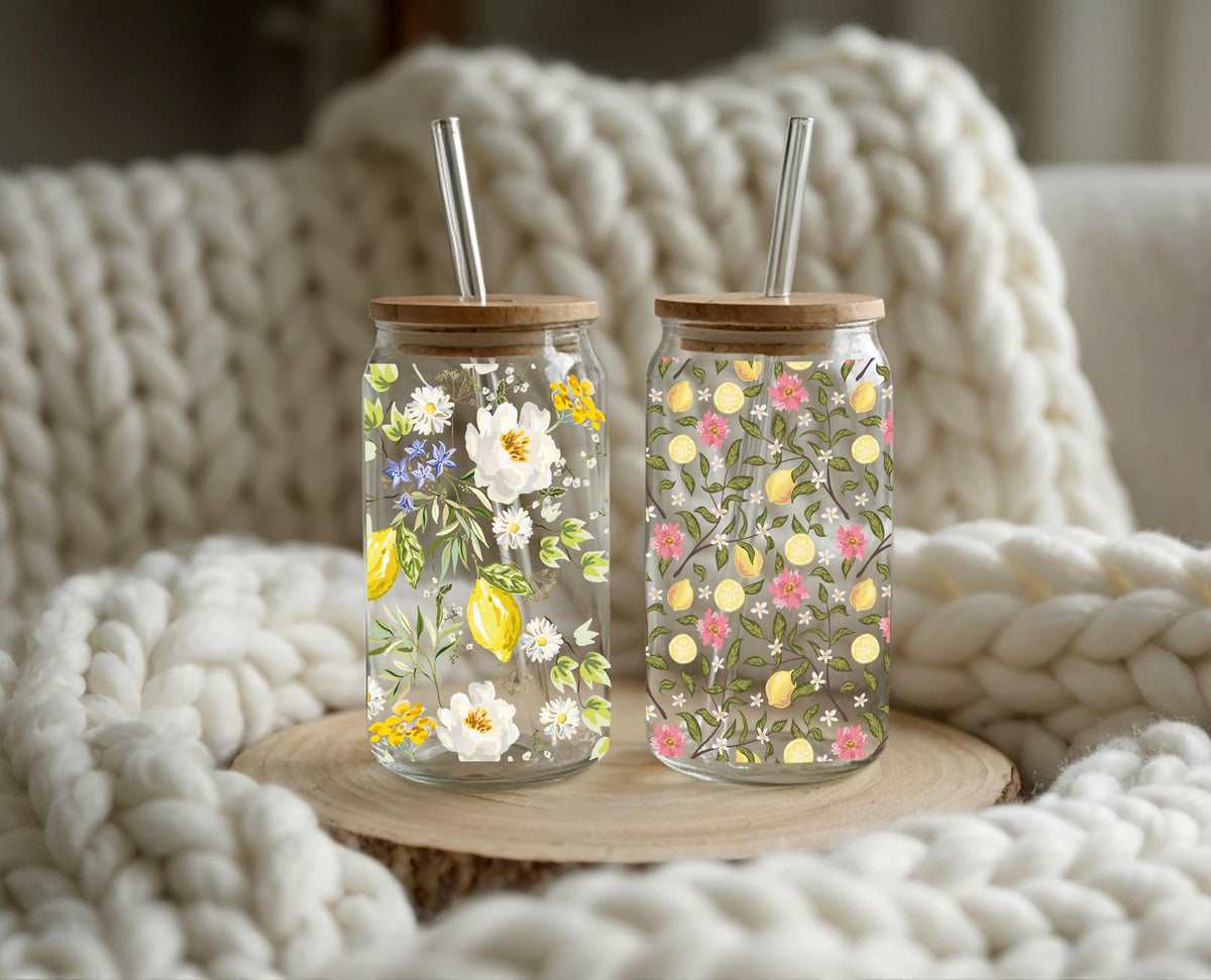 Personalized Lemon Iced Coffee Glass, 16oz Summer Can Cup with Bamboo Lid (Frosted)