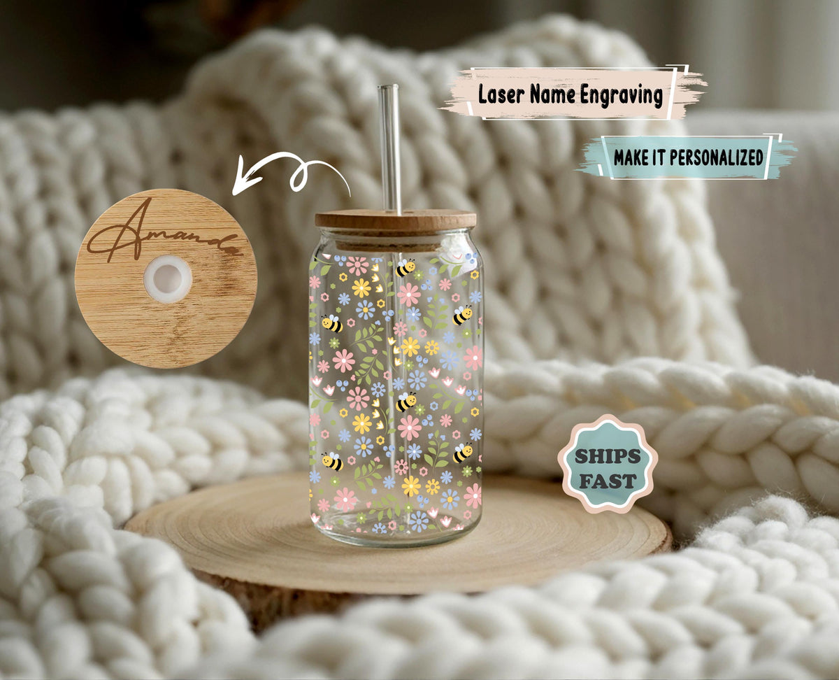 Personalized Floral Bee Butterfly Glass Tumbler, Iced Coffee Cup, Nature 16oz