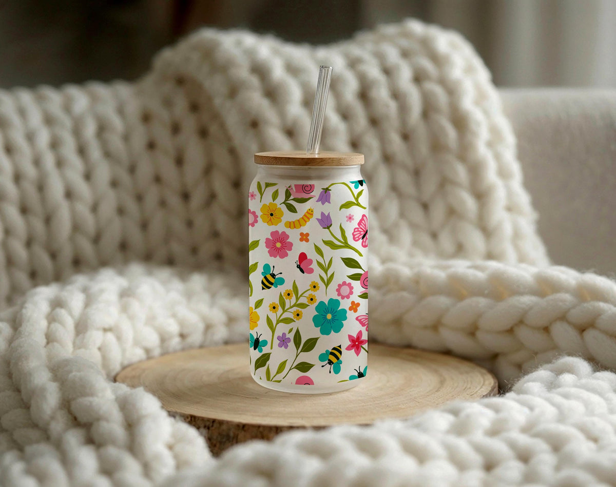 Personalized Floral Bee Butterfly Glass Tumbler, Iced Coffee Cup, Nature 16oz