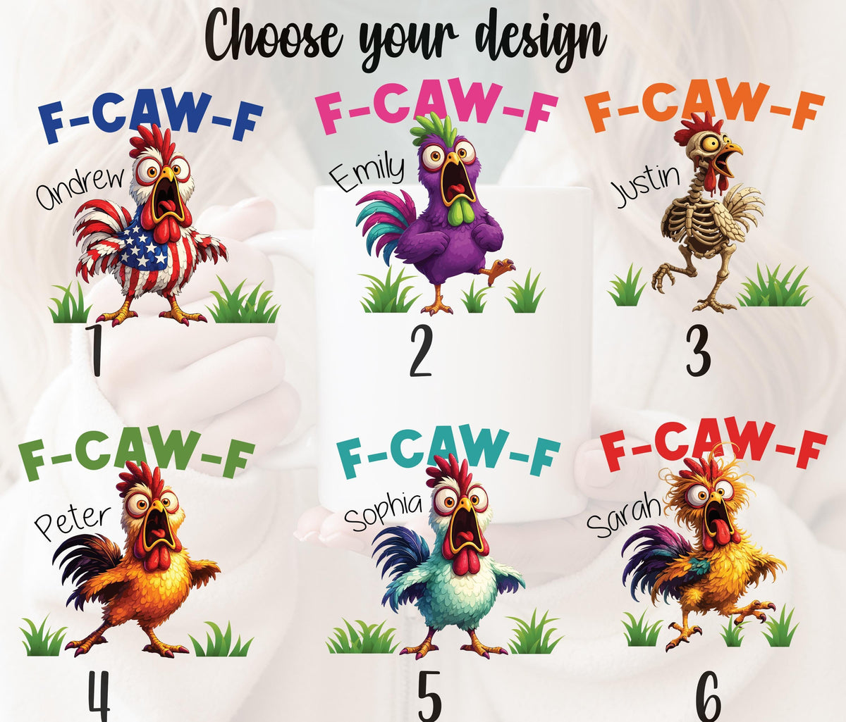 Funny Chicken Coffee Mug with Name, Personalized Rooster Cartoon Mug, F-CAW-F Farm Animal Gift