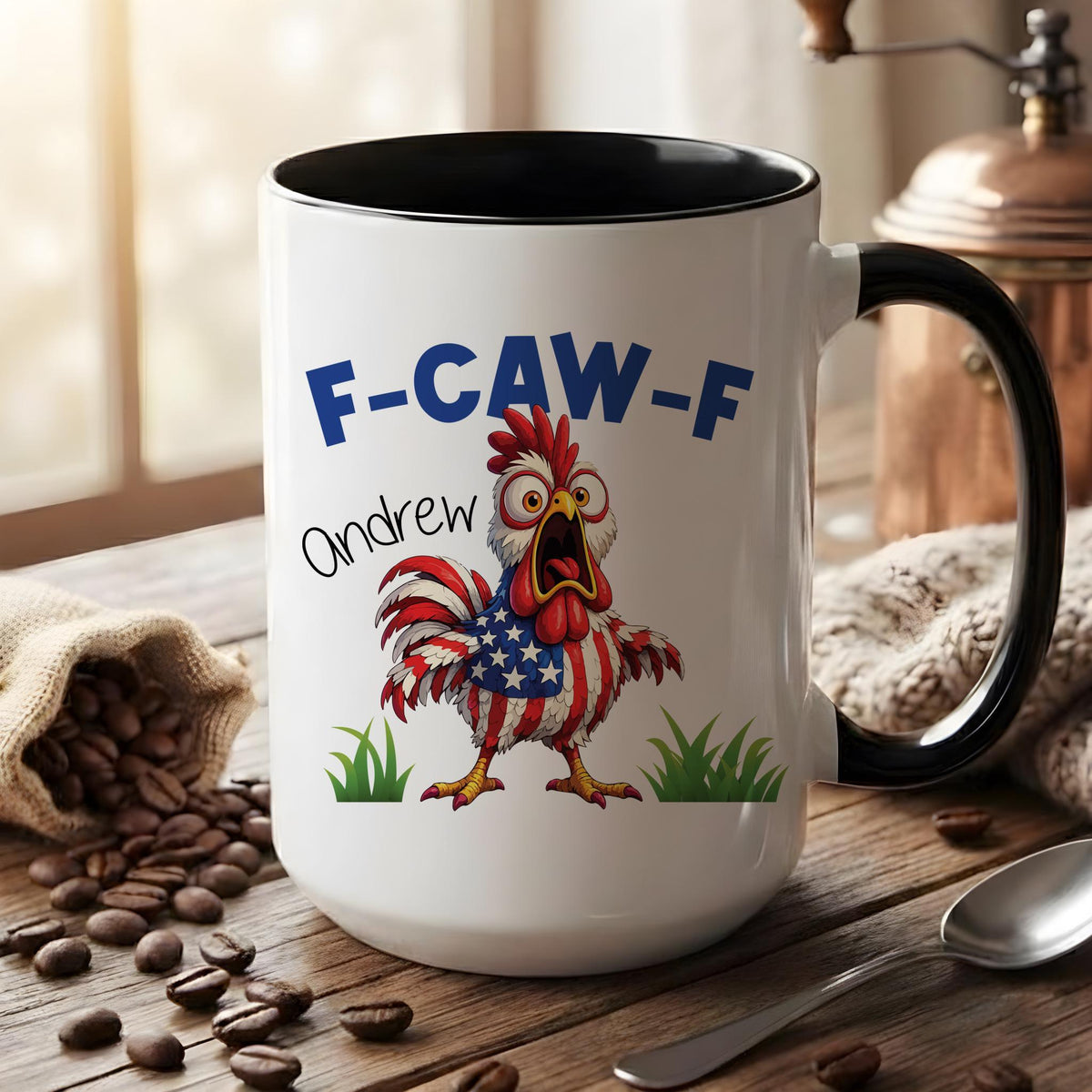 Funny Chicken Coffee Mug with Name, Personalized Rooster Cartoon Mug, F-CAW-F Farm Animal Gift