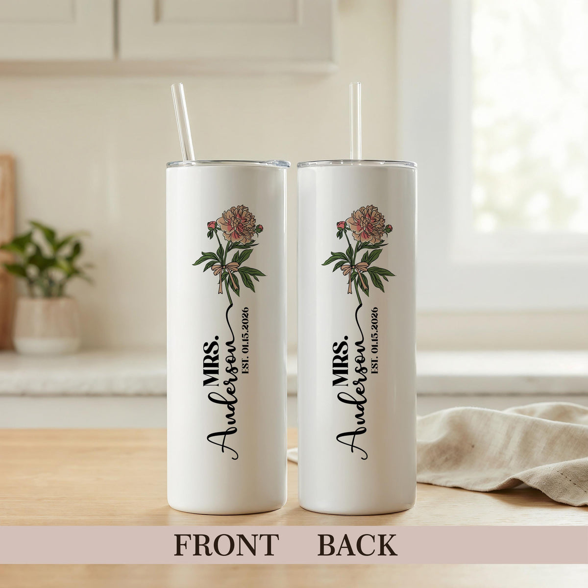 Personalized Birth Flower Bride Tumbler, Future Mrs Gift, Custom Wedding Date Cup