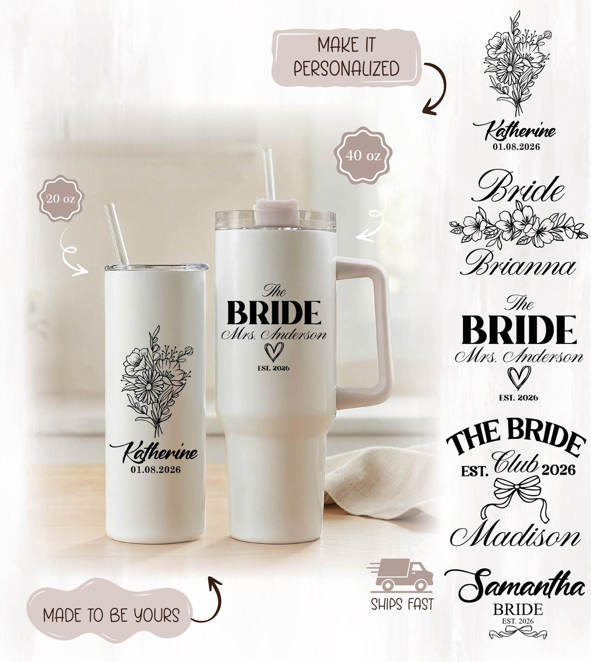 Bride Tumbler, Custom Wedding Drinkware, Future Mrs Personalized Cup, Bridesmaids Gift