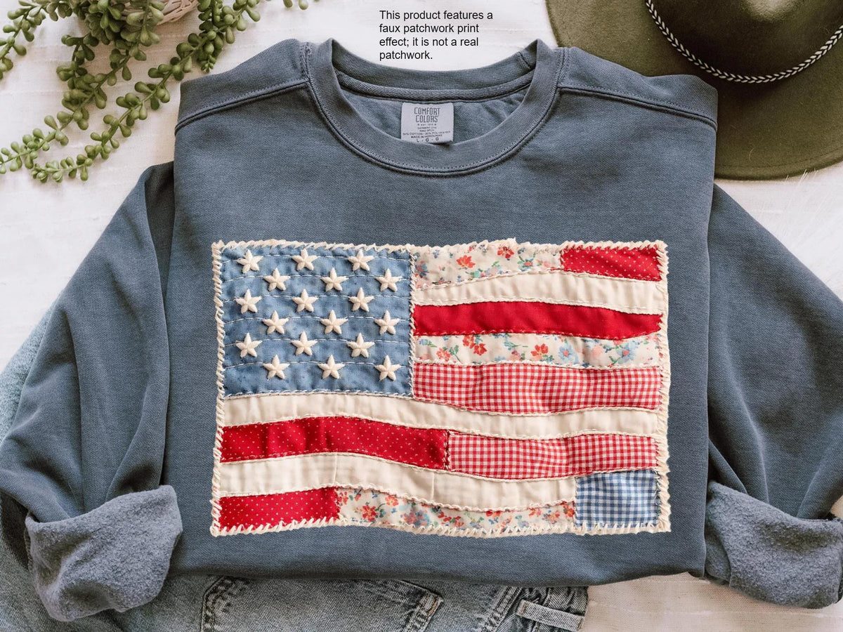 Faux Patchwork American Flag Comfort Colors® Sweatshirt, 250th Years Sweater, Fourth Of July Crewneck, Faux Quilted USA Sweatshirt