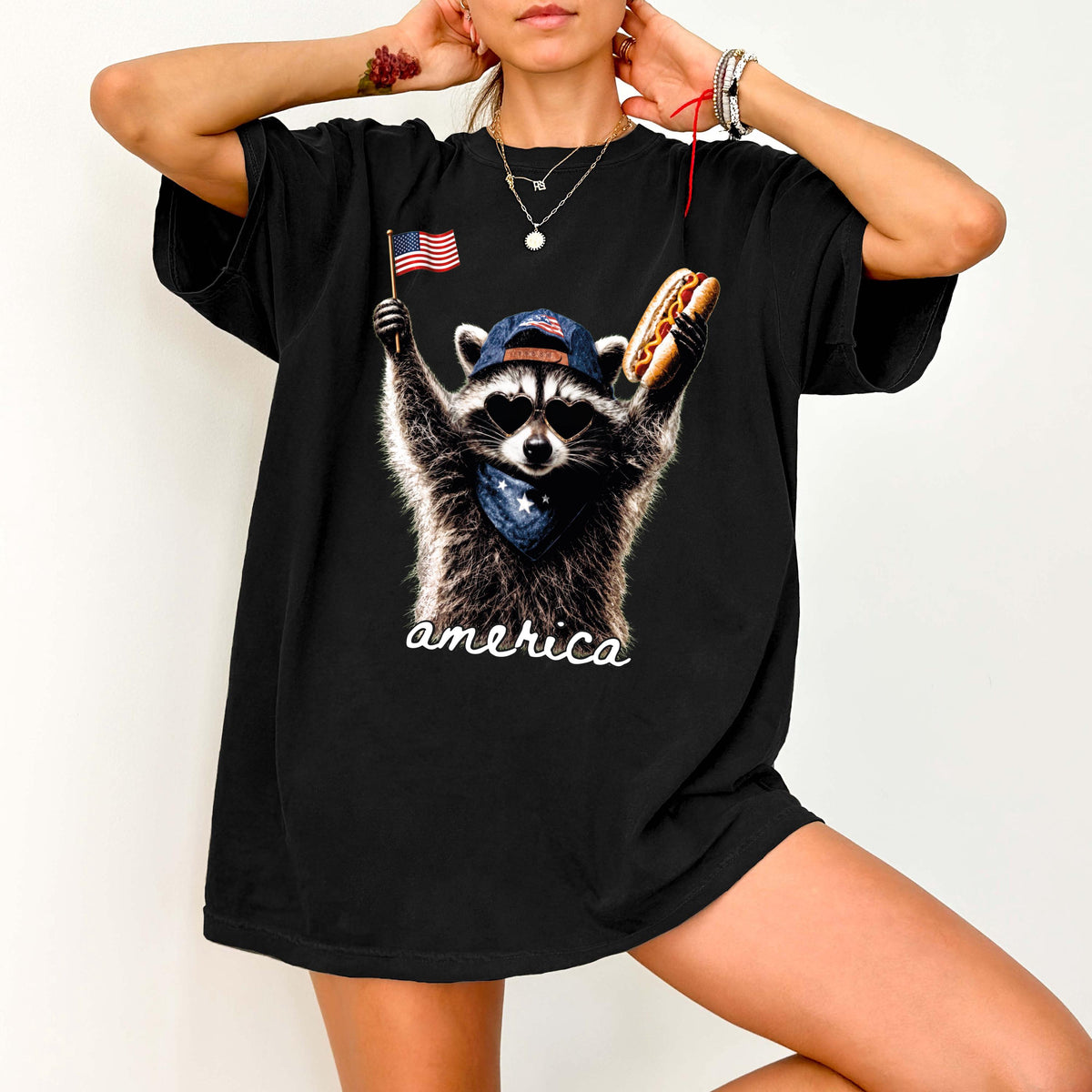 Patriotic Raccoon with Hot Dog Graphic Shirt