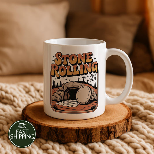 Stone Rolling Coffee Mug, Religious Easter Ceramic Cup, He Is Risen Pottery Tea Cup