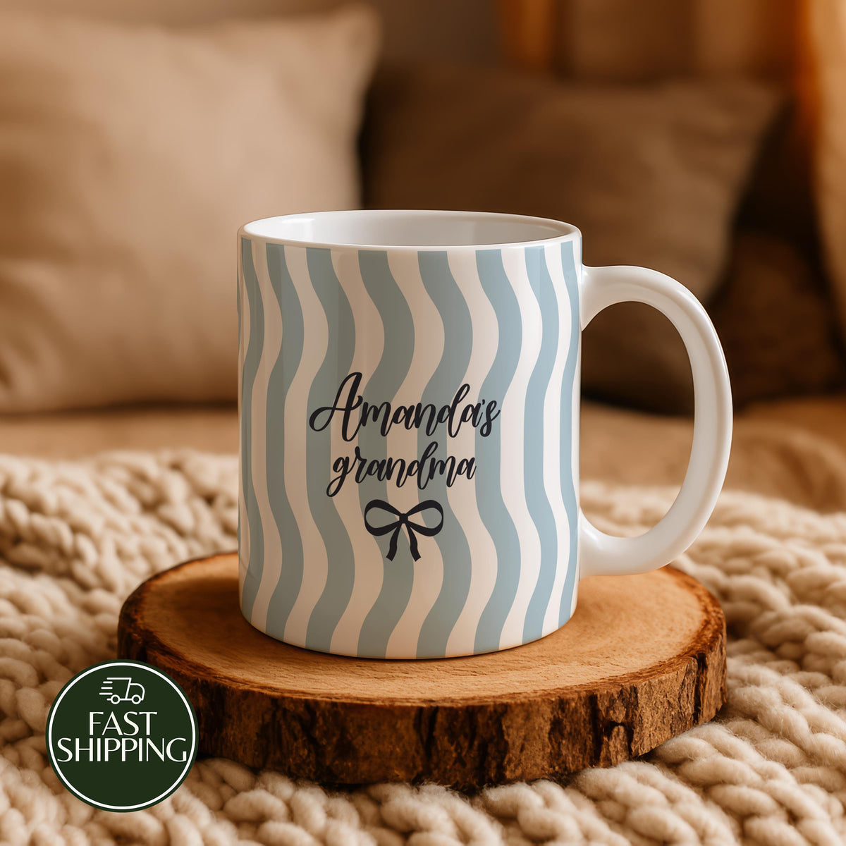 Personalized Grandma Ceramic Cup, Wavy Striped Patterned Coffee Mug